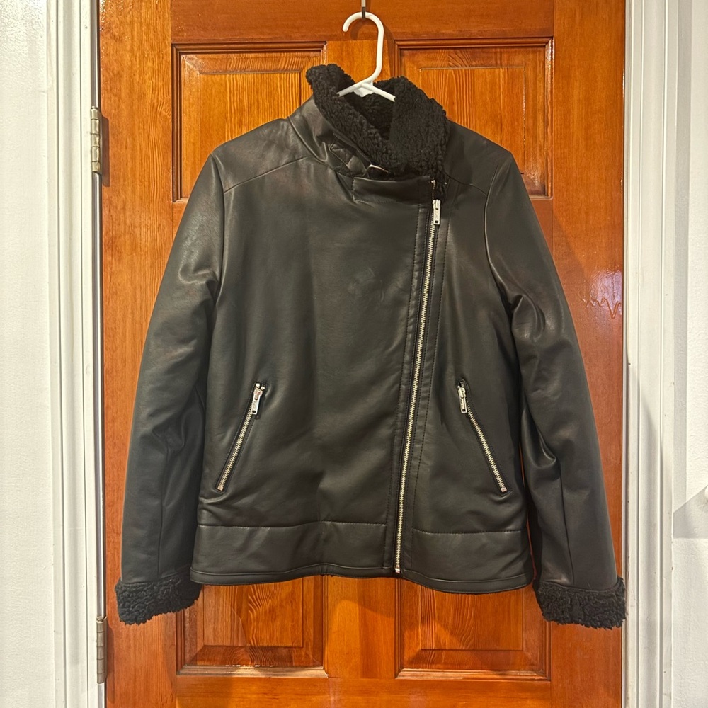 Hollister Black Faux Leather Jacket with Shearling Accents